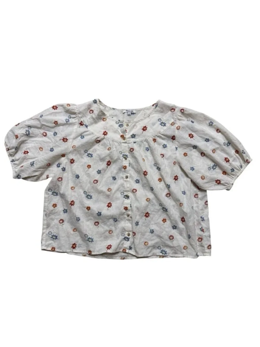 Madewell Floral Swiss Dot Puff Sleeve Boxy Cotton Blouse XL Cottagecore